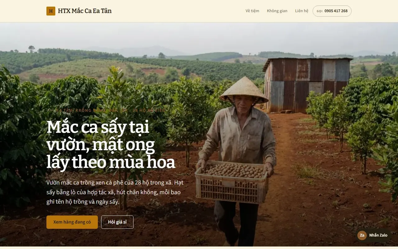 Ảnh chụp toàn trang mẫu web HTX Mắc Ca Ea Tân