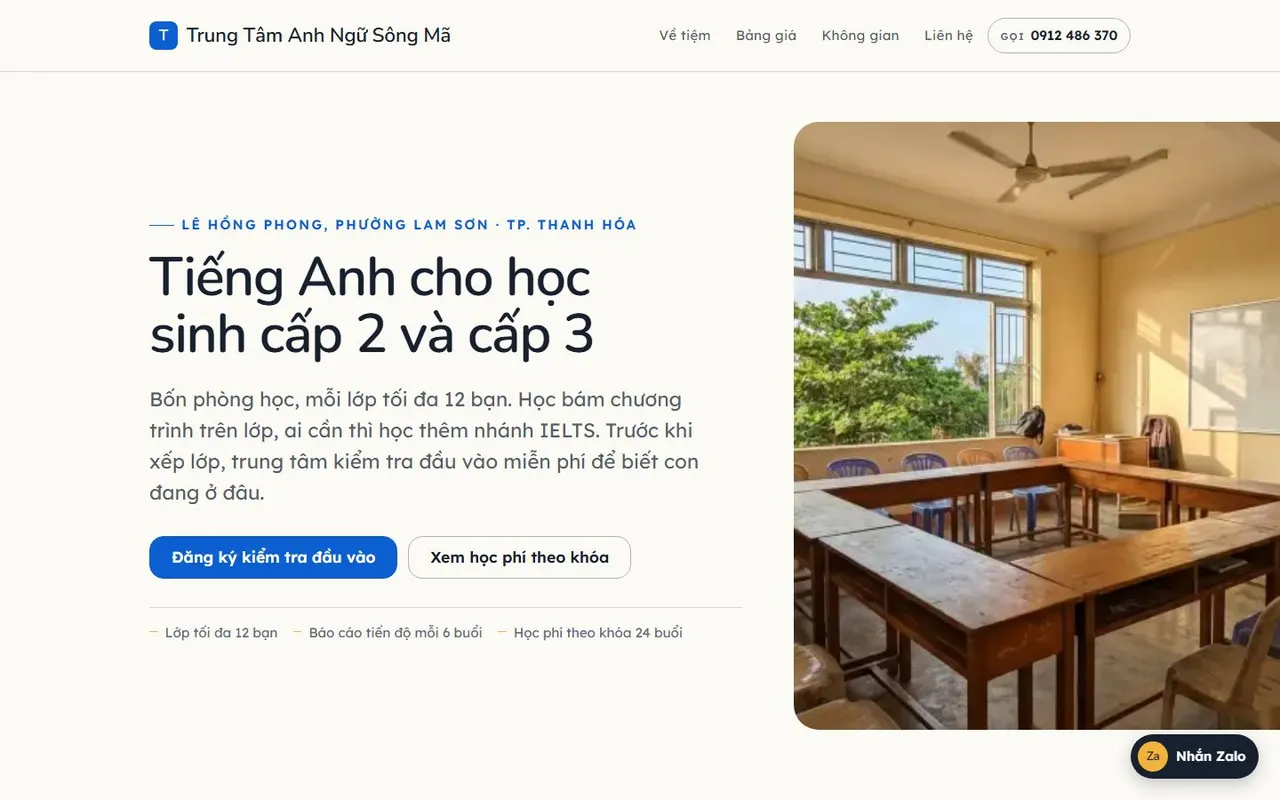 Ảnh chụp toàn trang mẫu web Trung Tâm Anh Ngữ Sông Mã