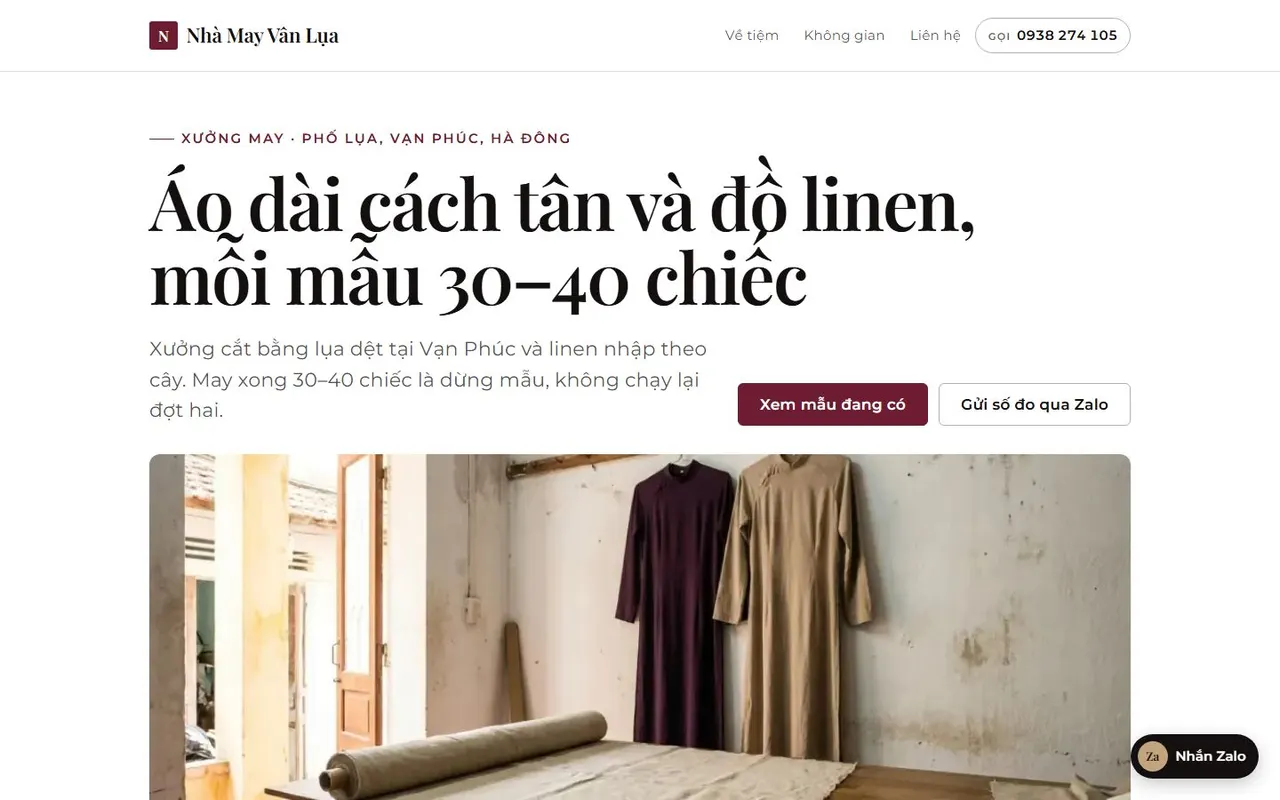 Ảnh chụp toàn trang mẫu web Nhà May Vân Lụa