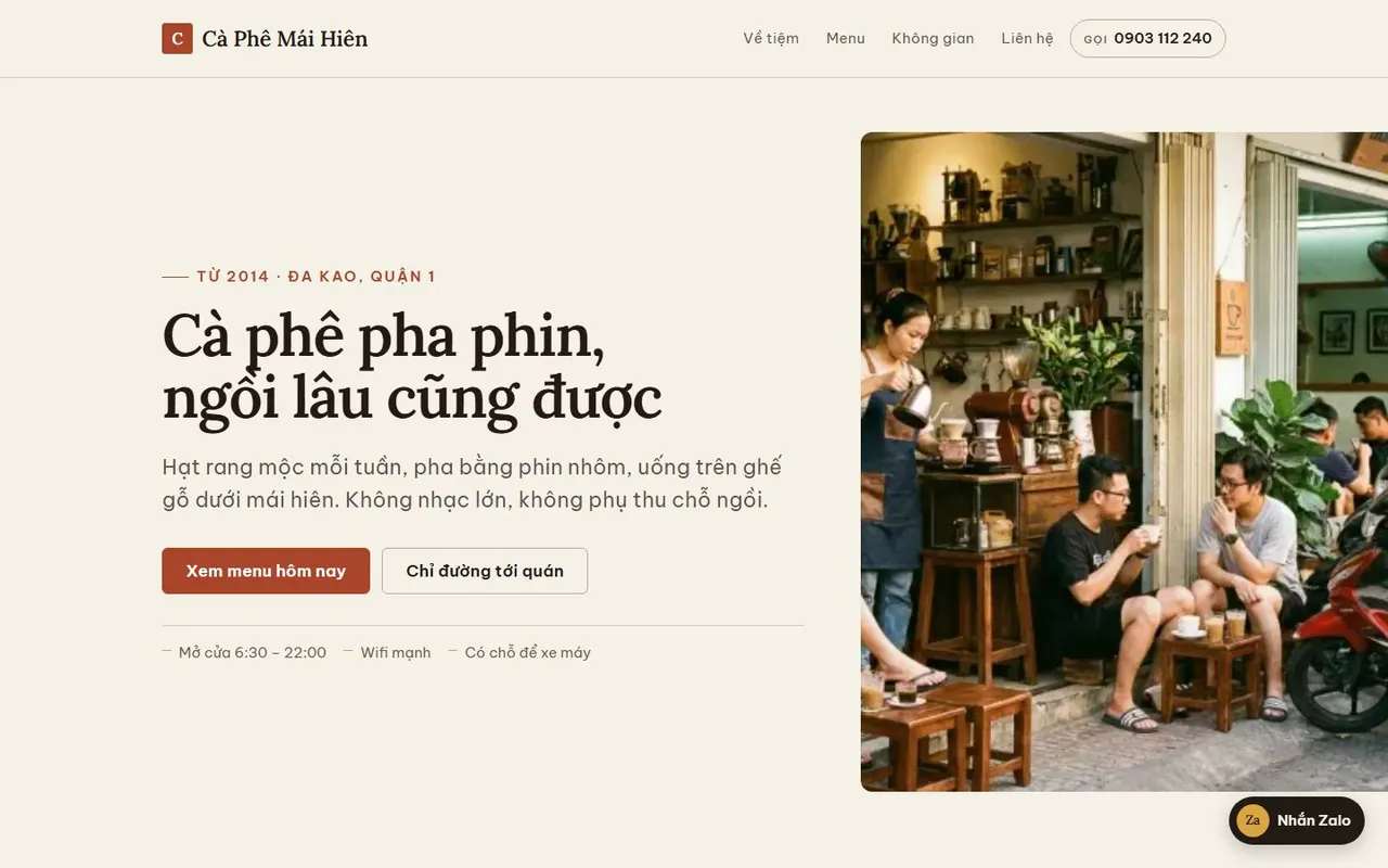 Ảnh chụp toàn trang mẫu web Cà Phê Mái Hiên
