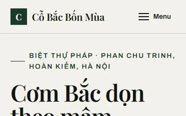 Ảnh chụp mẫu web Cỗ Bắc Bốn Mùa trên điện thoại