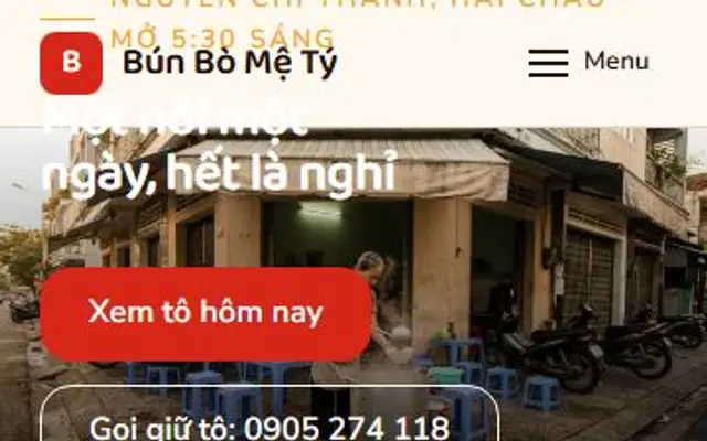 Ảnh chụp mẫu web Bún Bò Mệ Tý trên điện thoại