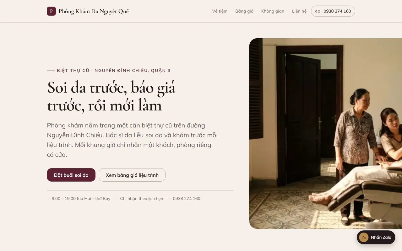 Ảnh chụp toàn trang mẫu web Phòng Khám Da Nguyệt Quế